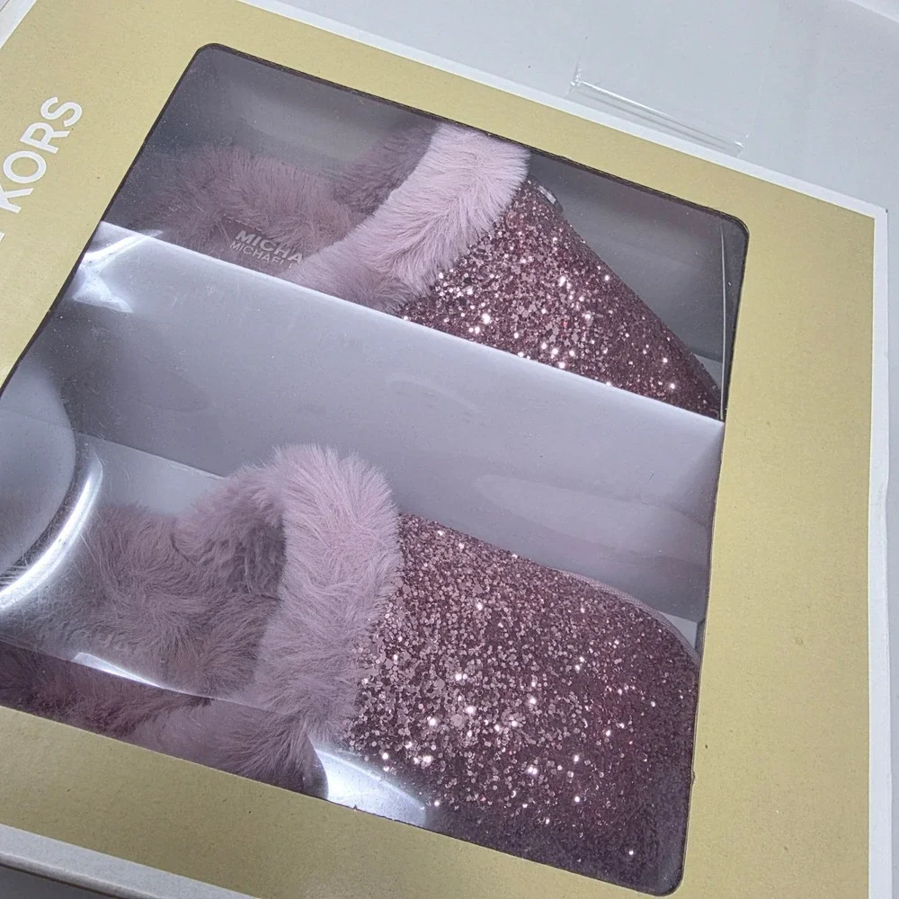 Michael Kors Janis Slipper Women 6 Royal Pink New Glitter Faux Fur 40F2JAFA2D